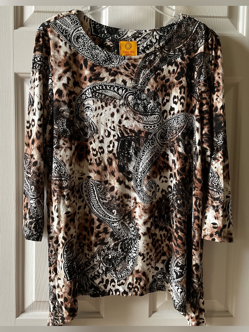 Ruby Rd Petites Animal Print Paisley Tunic Top in Brown Black Cream Size PM